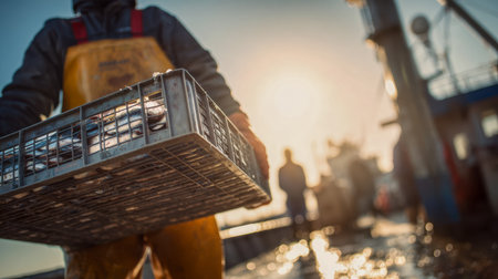 A rugged fisherman walks across the boat's deck, weighty basket brimming with glaming catch, as warm evening light paints the scene with a peaceful glow.の写真素材
