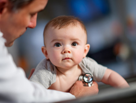 A attentive pediatrician gently listens to an inquisitive baby's heartbeat, set against a soothing clinic backdrop that exudes calm professionalism.の写真素材