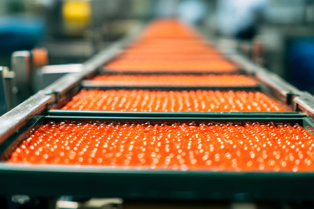 Automered conveyors glide seamlessly through a factory, delivering striking orange globes in perfect alignment, enveloped in soft-focus ambiance.の写真素材