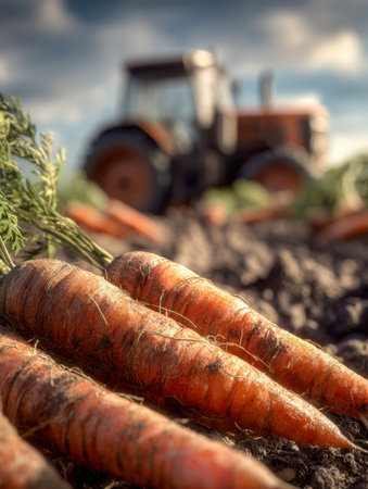 Vibrant orange carrots rest on fertile earth, with a tractor softly blurred behind them, under a bright sky promising a productive day in the countryside.の写真素材