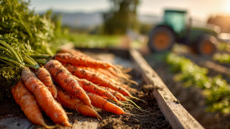 Vibrant orange carrots rest on earthy soil, illuminated by warm golden hour light, with a soft-focus tractor and lush landscape enhancing the rural atmosphere.の写真素材
