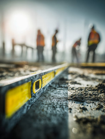 Bright sunlight illuminates a team of workers dressed in high-visibility vests, carefully leveling the ground with a spirit level during an outdoor construction effoの写真素材