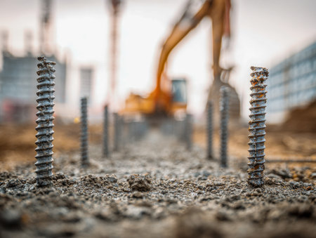 Worn screws partially buried in earth hint at construction remnants, while distant machinery and framework fade into a misty, overcast backdrop.の写真素材