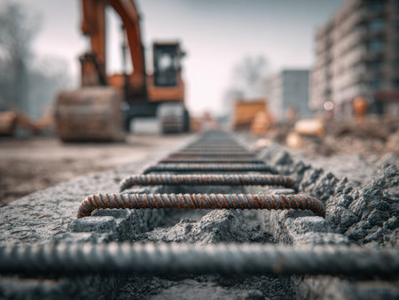 Weathered steel rods jutting from newly poured concrete, set against a bustling cityscape with cranes and sleek high-rise structures signaling ongoing development.の写真素材