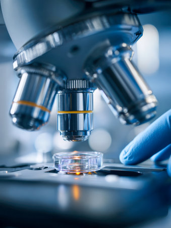 A researcher?s hand, clad in a protective glove, fine-tunes illumination on a complex multi-lens microscope while observing a sample within a petri dish under brightの写真素材