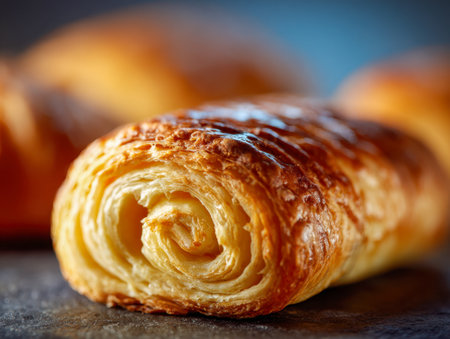 A perfectly baked, golden-brown pastry with intricate, feathered layers and a crunchy exterior, showcased on a rich, dark backdrop with gentle ambient glow.の写真素材