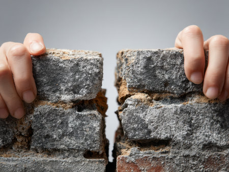 Two hands grasp fractured sections of a worn gray brick barrier, reflecting themes of conflict or division against a smooth, neutral backdrop.の写真素材