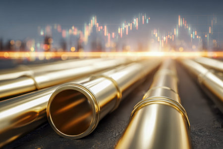 Gleaming gold cylindrical containers aligned on a deep matte background, overlaid with a dynamic financial chart highlighting market shifts and industrial growth potの写真素材
