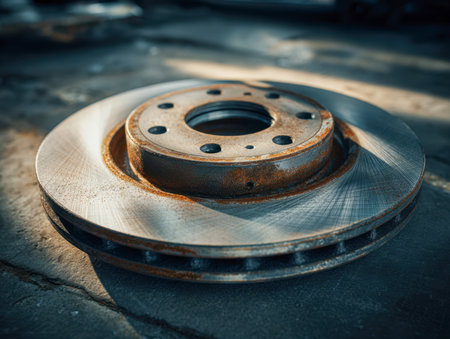 An aged, corrosion-speckled brake disc rests on a textured concrete surface, its vented design and signs of extensive use hinting at a workshop refurbishment.の写真素材