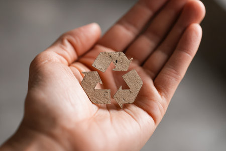 A gentle hand presents an eco-friendly cardboard emblem of recycling, symbolizing commitment to green practices, renewable resources, and collective environmental caの写真素材