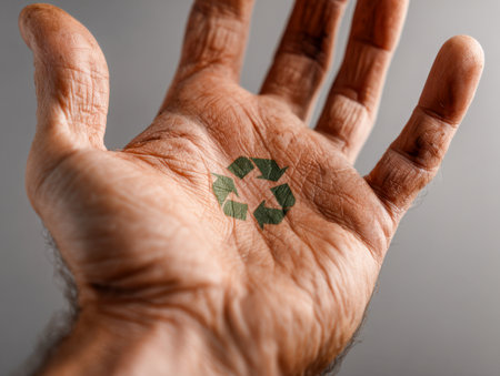 A close-up of a hand displaying a universal green emblem on the palm, emphasizing individual commitment to eco-friendly practices and safeguarding Earth's future.の写真素材
