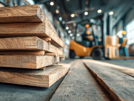 Workers navigate a busy industrial space amid towering stacks of timber, with machinery and forklifts moving under bright overhead lighting.の写真素材