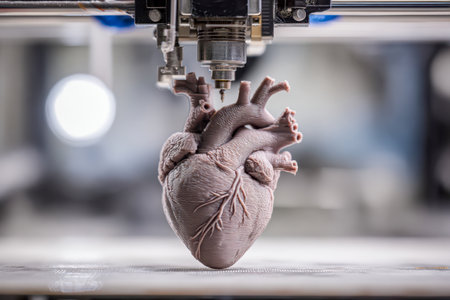 A cutting-edge 3d printing process crafts an intricate human heart model, highlighting advancements in medical technology and precise fabrication methods.の写真素材