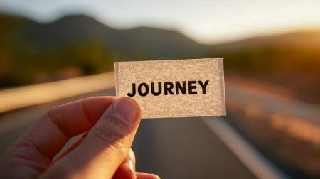 A gentle grip reveals a tiny card inscribed with âjourney,â set against a soft-focus landscape of winding roads and glowing hills bathed in warm sunset hues.の写真素材