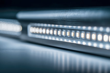 A contemporary led strip features precision-aligned bulbs emitting a crisp blue and white illumination, creating a futuristic ambiance reflected on a polished surfacの写真素材