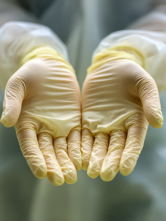 Two gloved hands extend forward in a pristine lab setting, poised for precise intervention or analysis within a highly controlled, contamination-free space.の写真素材