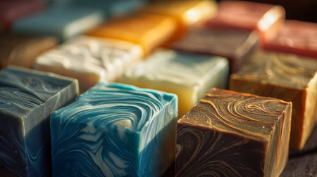 Vibrant handmade soap slices display swirling designs in warm sunlight, resting on a rustic wooden background that highlights their artisanal craftsmanship.の写真素材