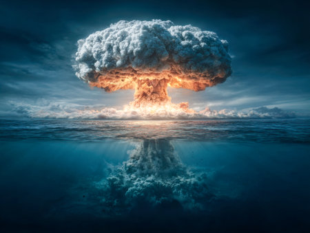 A fierce underwater eruption illuminates turbulent waters with a radiant, mushroom-shaped plume, contrasting shadowy depths and fiery sky amid stormy seas.の写真素材
