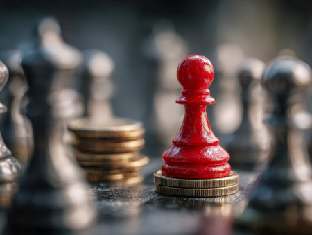 A bold red pawn atop shimmering gold coins, amid out-of-focus black pieces, illustrating bold strategic moves and rising fortunes in competitive markets.の写真素材