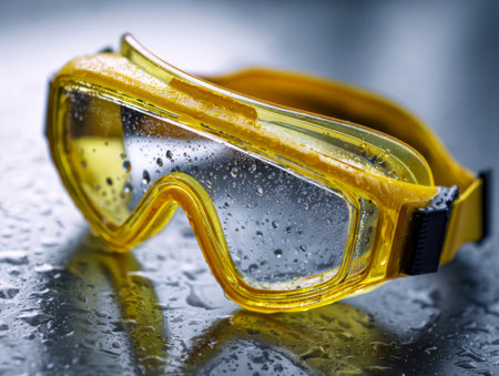 Vibrant yellow protective eyewear with dew-like droplets sits atop a glossy, damp surface, emphasizing caution, safety adherence, and the importance of protective geの写真素材