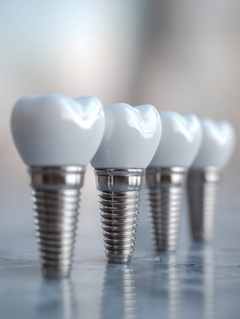 A sleek lineup of dental restoration components featuring metallic screw foundations and white ceramic coverings, showcased on a glossy surface emphasizing innovatioの写真素材