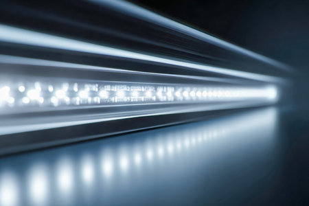 A streamlined led strip glows intensely against glossy surfaces, establishing a contemporary, minimalist setting infused with a crisp, high-tech vibe.の写真素材