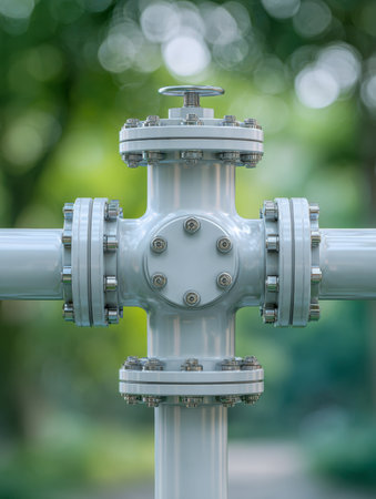 A sturdy metal piping assembly with interconnected flanges and a valve lever, positioned outdoors with lush greenery softly blurring in the background.の写真素材