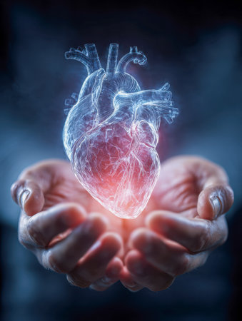 Tender hands cradle a luminous, see-through heart illustration, highlighting themes of compassion, medical progress, and innovative health solutions against a dark bの写真素材