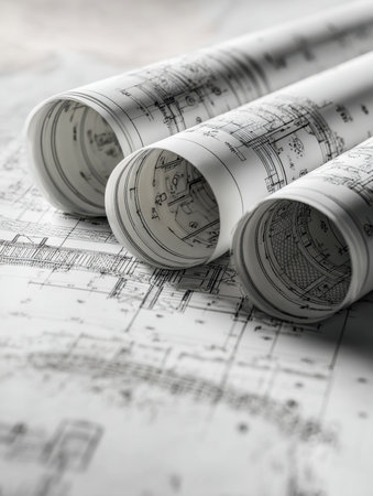 Overlapping blueprints and detailed drawings with precise measurements, capturing a focused workspace where engineering precision and planning come to life.の写真素材