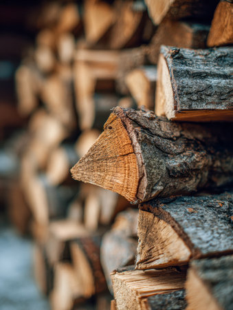 Warm, rustic logs bound in a neat pile, highlighting their rugged bark and detailed grain, perfect for igniting comfort during chilly evenings.の写真素材