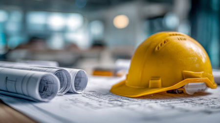 A vibrant safety helmet rests atop carefully rolled plans on a sleek wooden workspace, with soft ambient lighting and advanced design tools softly blurred in the bacの写真素材