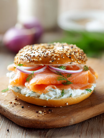 A tempting open-faced bagel topped with slices of smoked salmon, fragrant dill, crisp red onion, and a smooth herbed spread, elegantly arranged on a rustic wooden plの写真素材