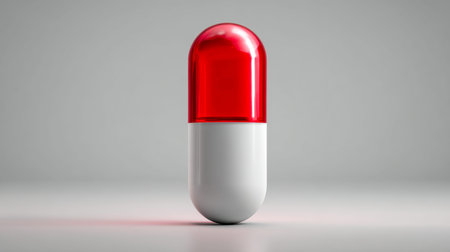 A solitary red and white capsule positioned vertically on a plain surface exudes simplicity, representing healthcare solutions and medical intervention in a clean, mの写真素材