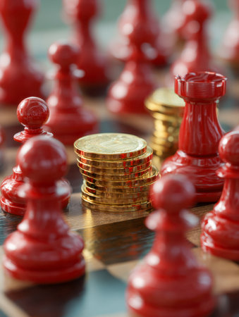 A scene depicting wealth accumulation and tactical decision-making, featuring gleaming coins arranged on a strategic game setup amid bold red markers.の写真素材