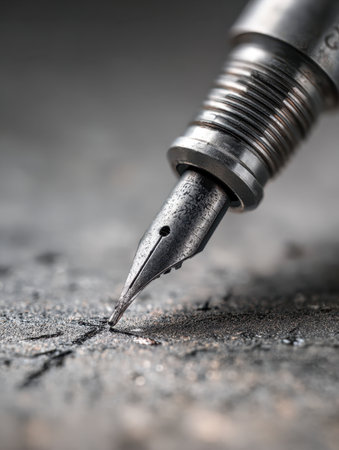 An intricate close-up reveals a timeless metal nib tracing delicate grooves on a textured background, capturing craftsmanship and artistic precision in writing toolsの写真素材