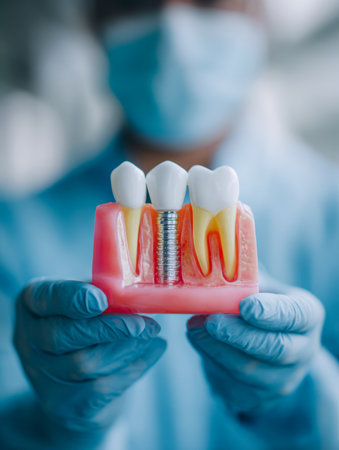 A dental professional, dressed in protective gear, presents a detailed model illustrating various tooth replacement solutions and gum tissue health within a clinicalの写真素材