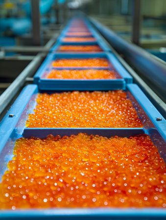 Bright orange fish eggs are meticulously arranged in trays, gliding along a mechanized conveyor within a modern seafood manufacturing plant.の写真素材