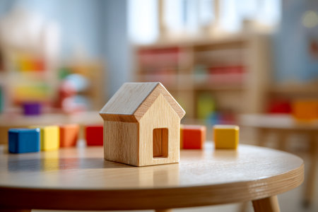 A charming wooden miniature house rests atop a circular surface, encircled by vibrant blocks, creating a joyful, lively scene in a sunny children's play area.の写真素材