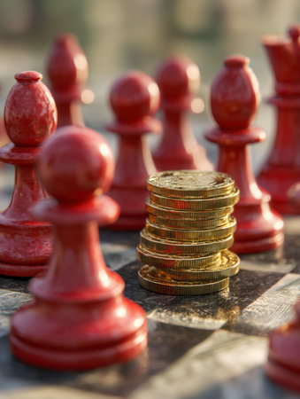 A gleaming pile of gold coins sits prominently on a chessboard, encircled by red chess pawns, symbolizing strategic financial decisions and investment tactics.の写真素材