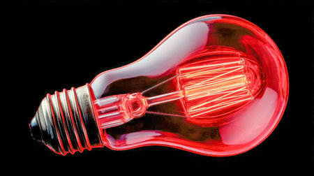 A striking, retro-inspired red filament bulb radiates warmth and inspiration, emphasizing inventive ideas and the spark of new energy against a deep, shadowy backdroの写真素材