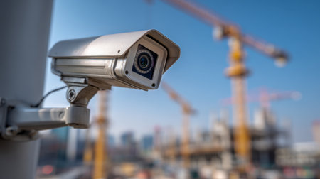 A security camera captures a bustling construction zone with towering cranes and partially built structures softly out of focus in bright daylight.の写真素材