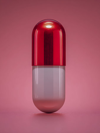 A prominent two-color capsule, featuring bold red and white halves, rests against a soft pink gradient, symbolizing contemporary pharmaceutical innovation and healthの写真素材