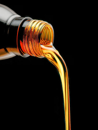 A rich, golden stream cascades gracefully from a shadowed bottle neck, capturing shimmering reflections and intricate textures amid the dark backdrop.の写真素材