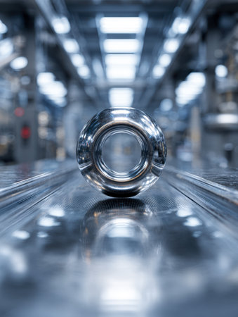 A polished metallic band lies confidently on a glossy surface, shimmering under crisp, blue-toned illumination amid sleek, high-tech equipment in a cutting-edge manuの写真素材