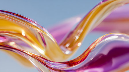 An elegant glass masterpiece featuring seamless, undulating forms in warm amber and rich purple tones, set against a gentle, out-of-focus backdrop with shimmering reの写真素材