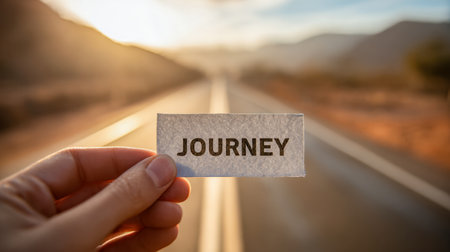 A hand delicately grasps a paper bearing the word 'journey,' set against a softly blurred backdrop of railway lines, evoking themes of exploration, fresh starts, andの写真素材