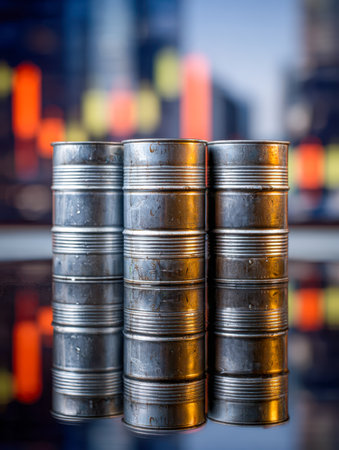 Three gleaming, mirror-like cylinders rise against a vibrant, abstract industrial backdrop, capturing the dynamic essence of global energy and resource trades.の写真素材