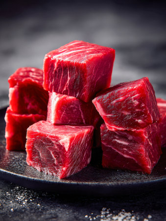 Juicy, vividly red meat chunks artfully layered on a sleek dark dish, with a softly blurred backdrop ideal for culinary inspiration and grilling ideas.の写真素材