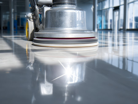 A sleek polishing device gleams brightly, creating a mirror-like finish on the polished floor of a spacious, contemporary building illuminated by abundant sunlight tの写真素材