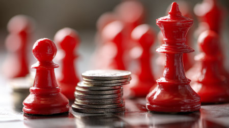 Red chess pieces encircle a luminous coin stack, illustrating crucial business tactics, investment choices, and the calculated nature of strategic economic moves.の写真素材